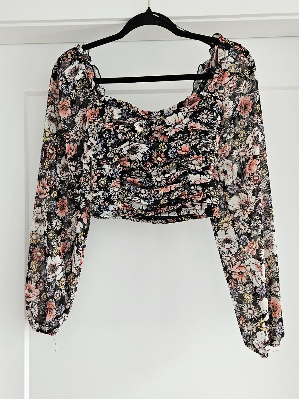 Forever 21 Black Floral Smocked Crop Top with Coral & Cream Flowers